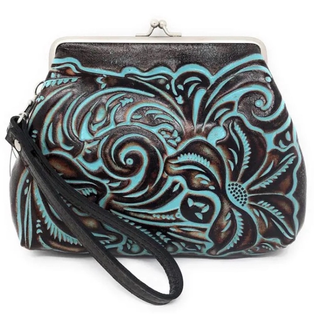 Patricia Nash Savena Turquoise & brown tooled Wristlet.